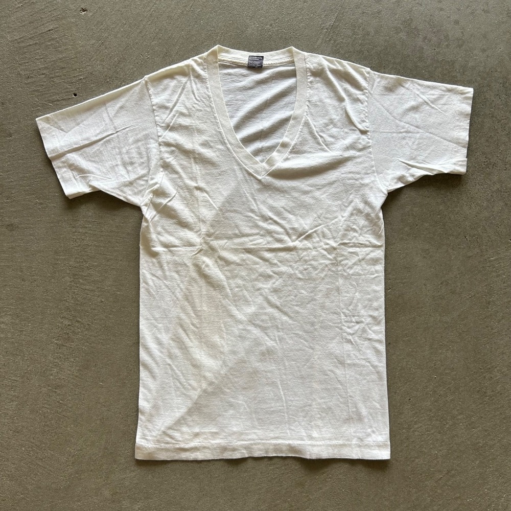 Vintage 70s BVD Blank Shirt Size Medium White V Neck USA Made Single Stitch